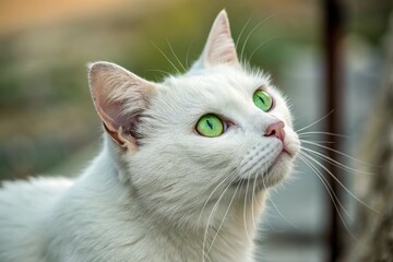 White Cat Looks Upward in Natural Light During Late Afternoon Outside