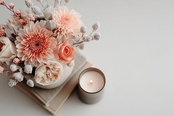 Elegant Floral Arrangement with Candle on Neutral Background