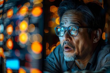 Focused Individual Observing Bright Digital Display at Night