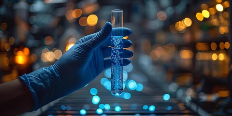 Hand Holding Test Tube with Blue Liquid on Laboratory Table