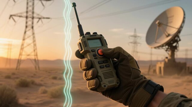 Hand glove holding radio device satellite dish and power lines symbolizing cyber protection warfare business internet network technology computer information privacy security communication