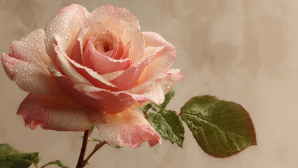 dewy pink rose on beige background