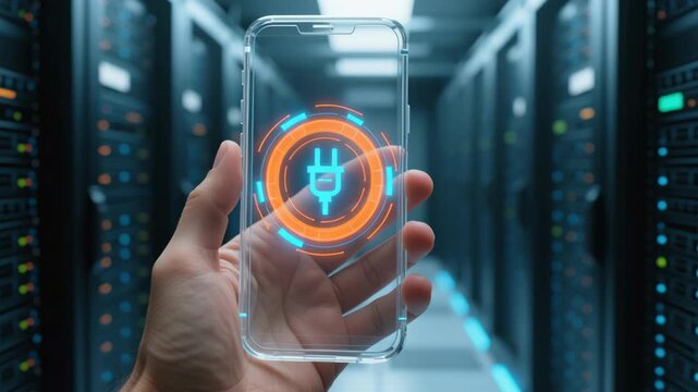 Hand holding transparent smartphone with digital plug icon data center representing cyber protection privacy internet network technology computer information warfare business ensuring secure systems