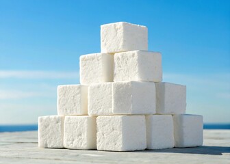 A stack of white food cubes sits outdoors against a clear blue sky