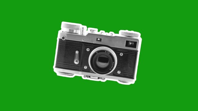 Retro old photo camera with paper effect and stop motion animation on a chromakey background. 4K