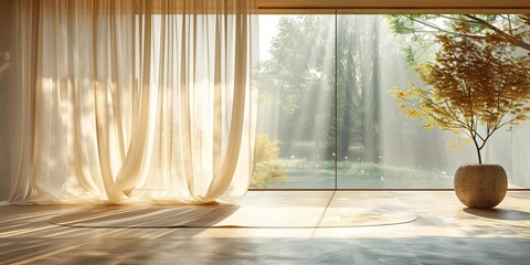 Serene Nature-Inspired Interior with Soft Drapes and Bright Window Light