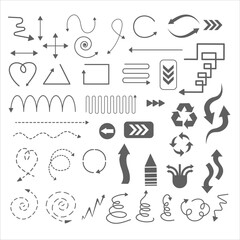 Set of hand-drawn vector arrows and line icons with curves, loops, zigzags and directions, perfect for infographics, UI flowcharts, presentations, planners and creative layouts.