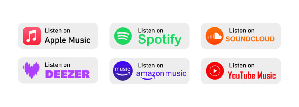 Popular music streaming services with listening badges.Music streaming platforms with popular listening badges.Apple Music, Spotify, Youtube Music, Amazon music,Deezer, Soundcloud.