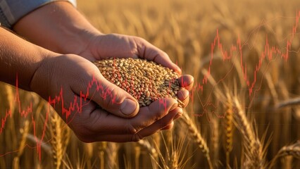 Hands holding wheat grains in field with economic downturn chart.