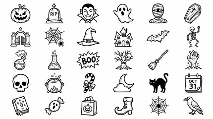 Halloween-themed doodle icon set featuring pumpkins, skulls, witches, ghosts, bats, potions, cauldrons and other spooky symbols for festive design projects