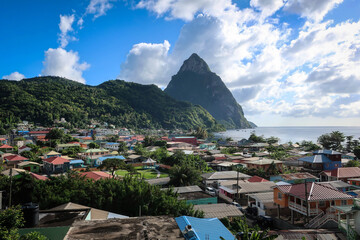 Petit Piton spire view from town of Soufriere, Saint Lucia
