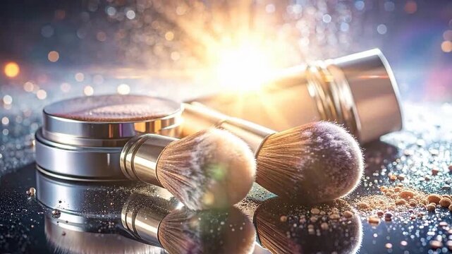 Elegant makeup set with brushes and powder on a reflective surface, sparkling background.