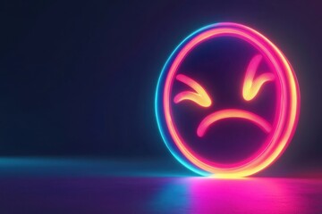 Bright neon sad face symbol glowing against dark background in artistic display