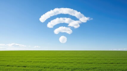 Cloud WiFi Symbol Over Green Field and Blue Sky.