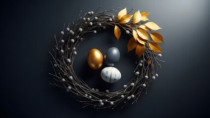 Happy easter sunday wishes with beautiful easter egg wreath and golden leaves decoration