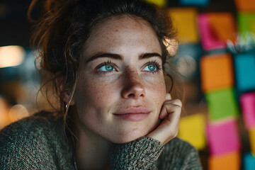 Illustration of a woman using sticky notes to brainstorm and plan in a business setting created with Generative AI technology