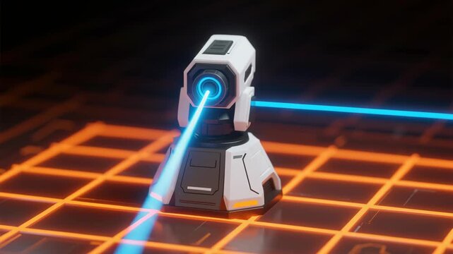 Cyber protection technology concept featuring advanced computer network systems with futuristic defense turrets emitting blue laser beams enhancing internet privacy and information warfare security