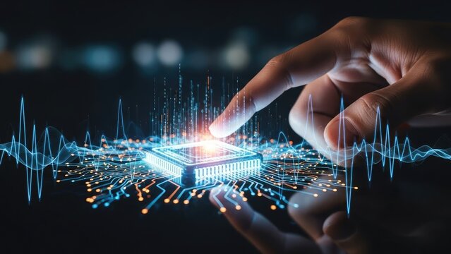 Hand touching glowing microchip with digital waves, representing advanced technology and innovation. - Powered by Adobe