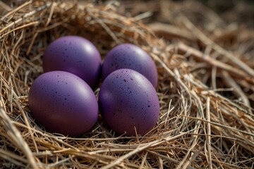 Fototapeta premium Lilac Easter eggs in hay spring still life — ai
