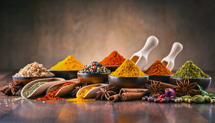 Assortment of colorful spices and herbs arranged in wooden bowls on a rustic surface, creating a vibrant display of culinary ingredients