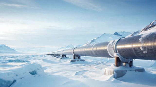 Arctic pipeline in snowy landscape with mountain backdrop illustrating hydrogen infrastructure, smart monitoring, northern logistics, emission control, sustainable tech extreme climate engineering