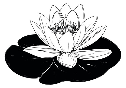 Hand drawn line art illustration of a lotus flower depicting blooming on a lily pad for nature and botanical designs