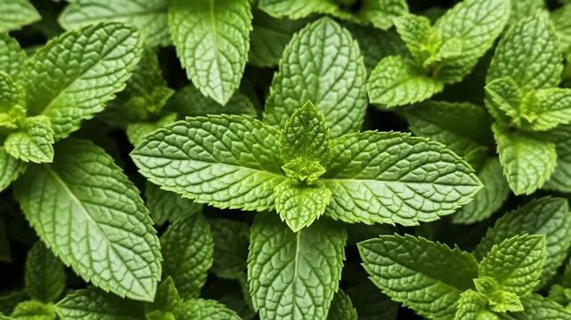 Close-up of fresh green mint leaves, showcasing their vibrant color and texture.