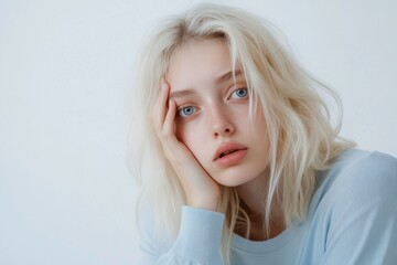 Naklejka premium young beautiful woman holds her hand to her cheek