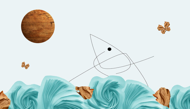 Surreal artwork, conceptual sustainable lifestyle story telling image. Cleanliness vs. Pollution. Waves, garbage in ocean, shrimp, fish line art, paper trash, burnt wood sun, butterflies