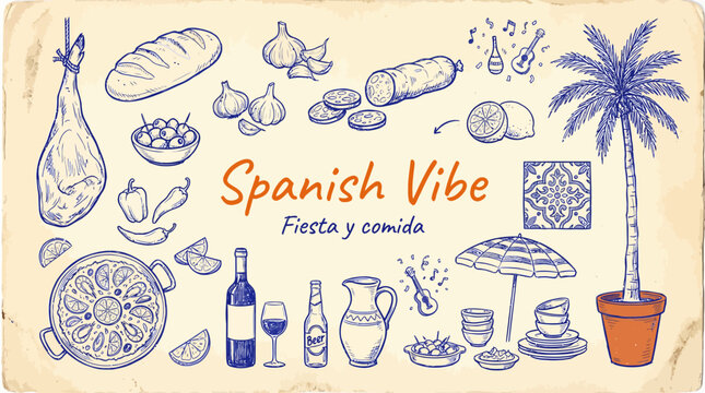 Spanish Vibe: hand-drawn illustration of tapas, paella, bread, drinks, wine, and tropical decor celebrating fiesta y comida.