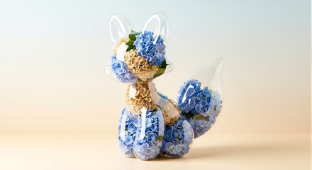 Minimal whimsical sculpture of a transparent balloon fox filled with blue and beige hydrangea blossoms, resting on a clean surface against a soft pastel gradient background