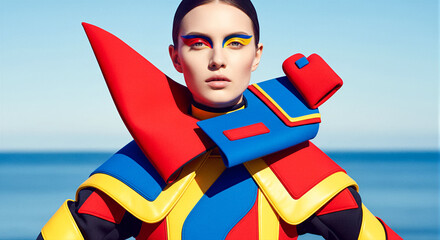 Futuristic woman with slicked back hair wearing a bold graphic bodysuit in red, blue and yellow neoprene with a tall structured collar and chest logo, standing under clear blue sky