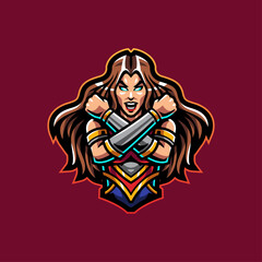 Powerful Female Warrior Mascot Logo with Glowing Eyes and Crossed Arm Bracers - Strong Superhero Woman Vector Illustration for Esports Gaming and Sports Branding