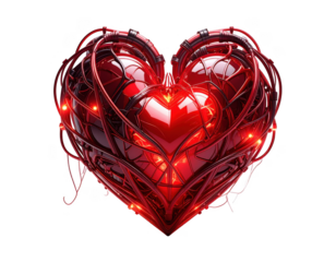 3D glowing red heart made of intertwined electric wires,white background