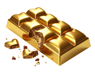 3D golden chocolate bar with heart-shaped indents and a bite taken,white background