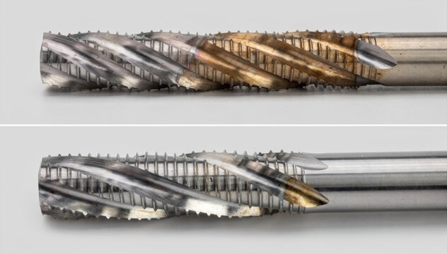 Medium shot captures sidebyside carbide and HSS thread mills emphasizing sharpness and tool wear differences in coarse pitch applications. Medium shot focuses on the surface