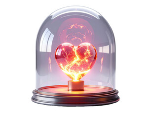 3D render of a glass dome covering a small glowing heart light,white background.