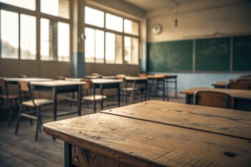 Empty Classroom With Desks and Chairs in a School Building
