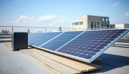 Modern solar panels lean on building wall. Capture bright sunlight, generating clean energy. Black power storage battery unit collects