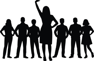 Silhouette of diverse group of people standing together with one person raising an arm