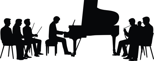 Silhouette of musicians playing instruments including a grand piano and wind instruments in a musical performance © Monir Worlds