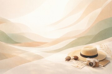 Hat, Sunglasses, and Camera Placed on Table With Soft Background Featuring Gentle Curves and Tones in a Warm Atmosphere