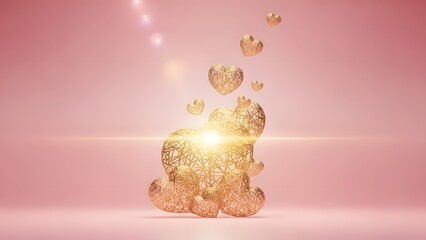 Golden heart shaped structures floating against a soft pink background