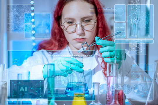 AI, artificial intelligence. Young lab assistant working in modern chemical laboratory with chemical glassware, virtual scientific HUD interface. Data visualization and future laboratory technologies. - Powered by Adobe