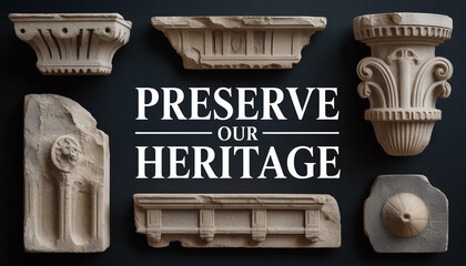 Ancient architectural fragments with Preserve Our Heritage slogan on black