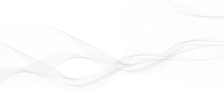 Stylized modern abstract wave design with gray flowing curved lines on a white background, featuring smooth layered transparency, digital motion energy, and a tech business-friendly vector look