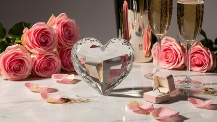 An elegant and romantic proposal setting with pink roses, champagne, and a diamond ring
