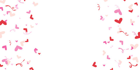Heart confetti festive banner. Pink and red hearts flying on white background. Valentines Day design for greeting card, poster, invitation. Vector illustartion with copy space.