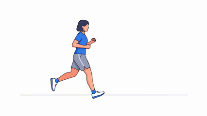 Female runner in mid-stride with blue T-shirt, gray shorts, and blue athletic shoes on a light gray background