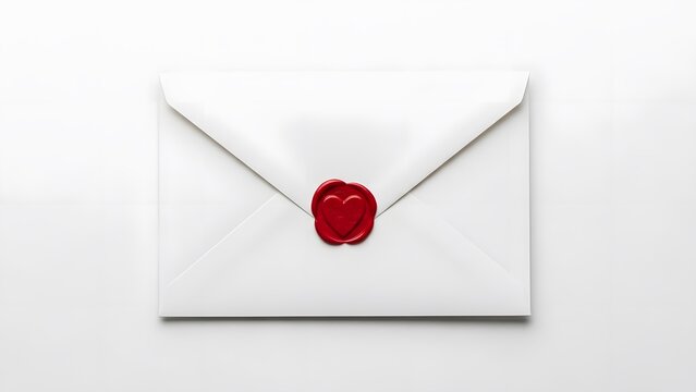 A white envelope sealed with a vibrant red heart shaped wax seal